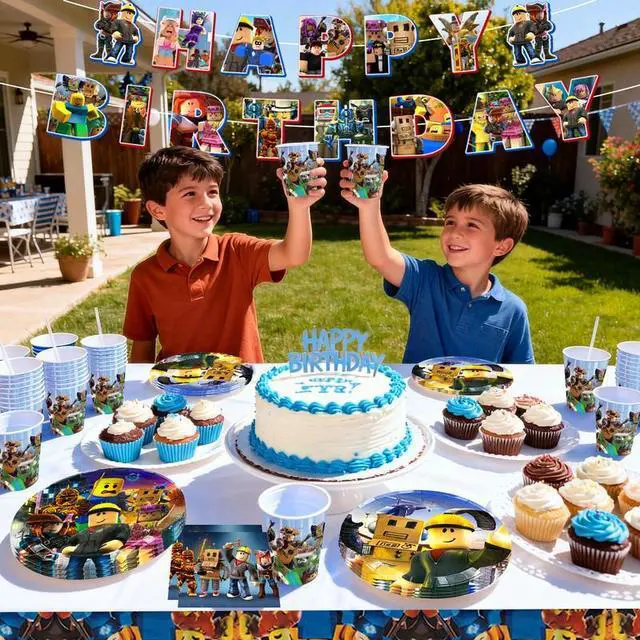 Alt view image 5 of 7 - 114Pcs Roblox Birthday Party Decoration Tableware Set, Roblox Party Supplies Tableware including Roblox Tablecloth Banner Plates Napkins Cups for Roblox Birthday Party Decoration