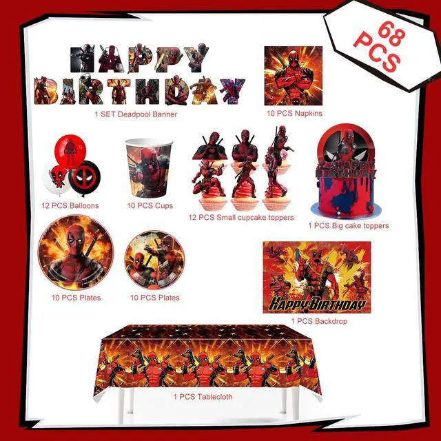 Alt view image 2 of 7 - Deadpool Party Supplies,98 Pcs Deadpool Birthday Decorations & Deadpool Party Tableware Set - Deadpool Decorations Balloons Banner & Tablecloth Plates Cups Napkins etc Deadpool Birthday Party Supplies