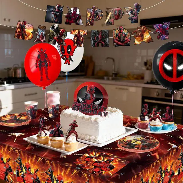 Alt view image 3 of 7 - Deadpool Party Supplies,98 Pcs Deadpool Birthday Decorations & Deadpool Party Tableware Set - Deadpool Decorations Balloons Banner & Tablecloth Plates Cups Napkins etc Deadpool Birthday Party Supplies