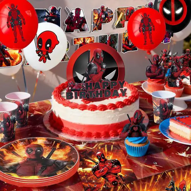 Alt view image 4 of 7 - Deadpool Party Supplies,98 Pcs Deadpool Birthday Decorations & Deadpool Party Tableware Set - Deadpool Decorations Balloons Banner & Tablecloth Plates Cups Napkins etc Deadpool Birthday Party Supplies