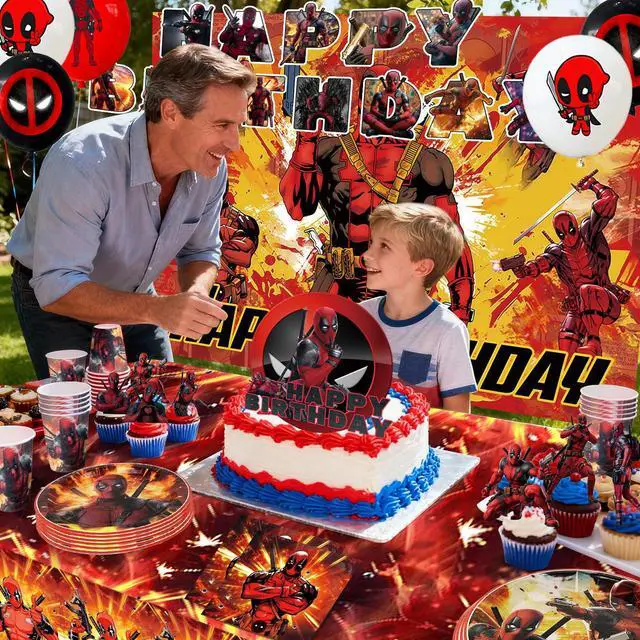 Alt view image 6 of 7 - Deadpool Party Supplies,98 Pcs Deadpool Birthday Decorations & Deadpool Party Tableware Set - Deadpool Decorations Balloons Banner & Tablecloth Plates Cups Napkins etc Deadpool Birthday Party Supplies