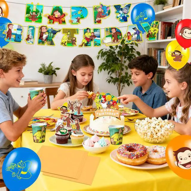 Alt view image 4 of 7 - 110 Pcs Curious George Party Decorations & Tableware Set - Curious George Plates Tablecloth Napkins and Curious George Party Balloons Banner Backdrop etc Curious George Decorations for Kids