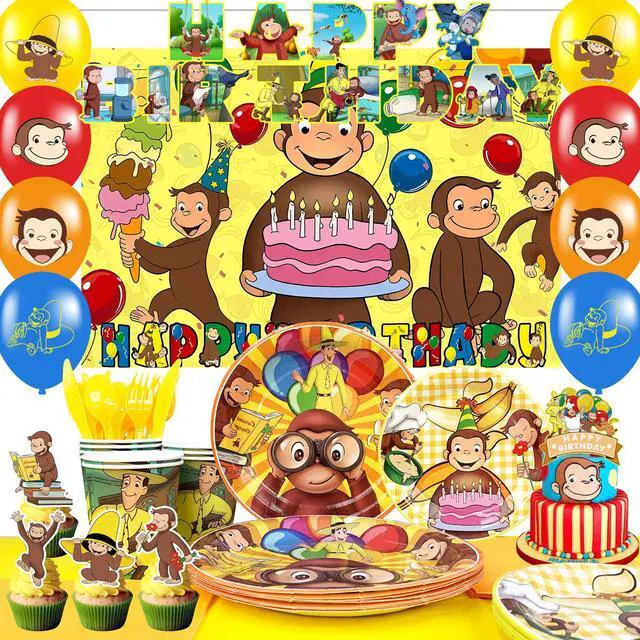 Main image of 110 Pcs Curious George Party Decorations & Tableware Set - Curious George Plates Tablecloth Napkins and Curious George Party Balloons Banner Backdrop etc Curious George Decorations for Kids