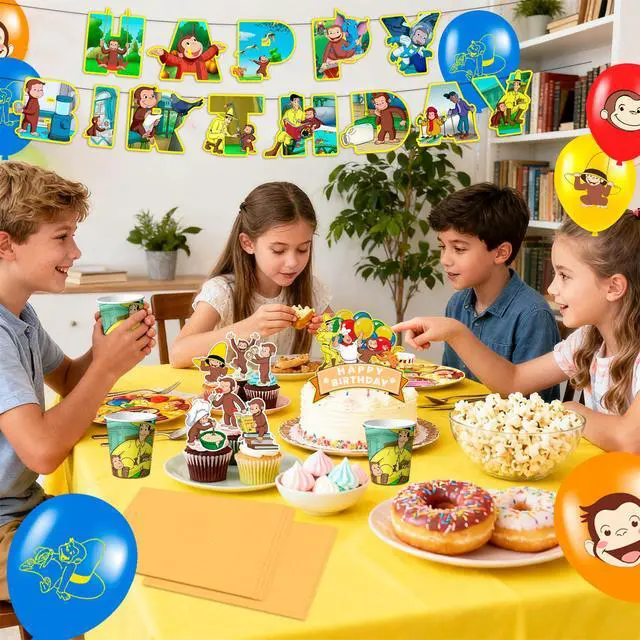 Alt view image 3 of 7 - 110 Pcs Curious George Party Decorations & Tableware Set - Curious George Plates Tablecloth Napkins and Curious George Party Balloons Banner Backdrop etc Curious George Decorations for Kids