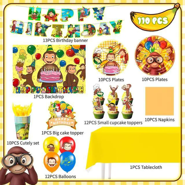Alt view image 2 of 7 - 110 Pcs Curious George Party Decorations & Tableware Set - Curious George Plates Tablecloth Napkins and Curious George Party Balloons Banner Backdrop etc Curious George Decorations for Kids