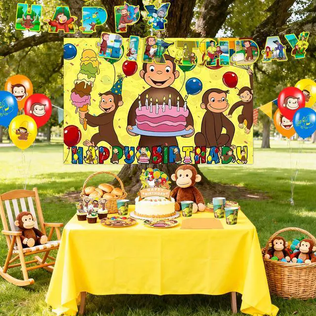 Alt view image 5 of 7 - 110 Pcs Curious George Party Decorations & Tableware Set - Curious George Plates Tablecloth Napkins and Curious George Party Balloons Banner Backdrop etc Curious George Decorations for Kids