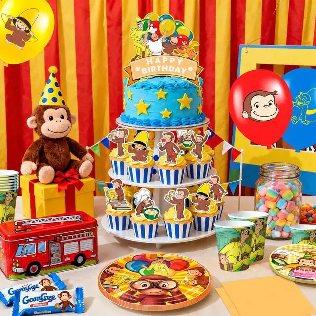Alt view image 6 of 7 - 110 Pcs Curious George Party Decorations & Tableware Set - Curious George Plates Tablecloth Napkins and Curious George Party Balloons Banner Backdrop etc Curious George Decorations for Kids