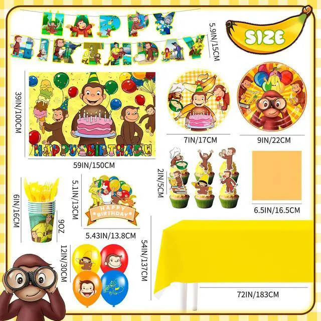 Alt view image 7 of 7 - 110 Pcs Curious George Party Decorations & Tableware Set - Curious George Plates Tablecloth Napkins and Curious George Party Balloons Banner Backdrop etc Curious George Decorations for Kids