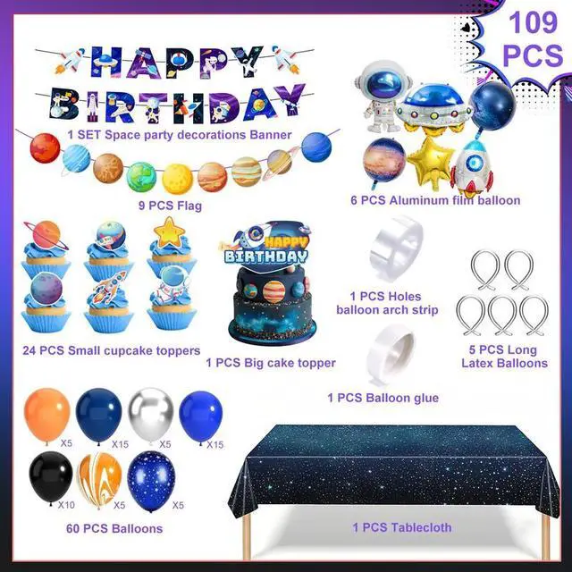 Alt view image 2 of 7 - Outer Space Party Decorations, 109 Pcs Space Birthday Decorations Set - Galaxy Birthday Banner Balloons Tablecloth Cake Decorations etc Space Themed Party Decorations