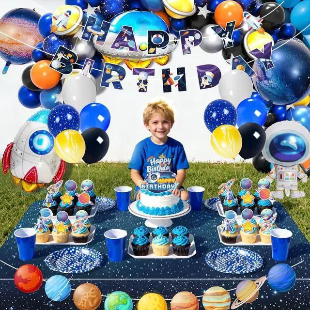 Alt view image 5 of 7 - Outer Space Party Decorations, 109 Pcs Space Birthday Decorations Set - Galaxy Birthday Banner Balloons Tablecloth Cake Decorations etc Space Themed Party Decorations