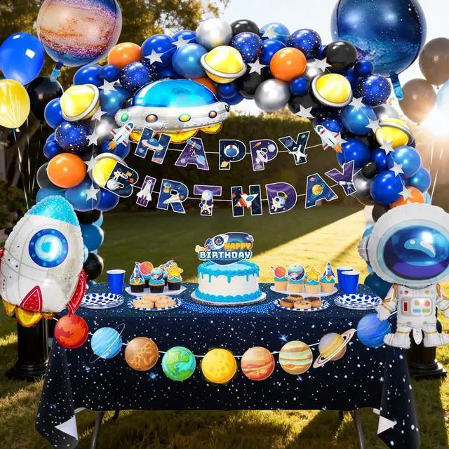Alt view image 7 of 7 - Outer Space Party Decorations, 109 Pcs Space Birthday Decorations Set - Galaxy Birthday Banner Balloons Tablecloth Cake Decorations etc Space Themed Party Decorations