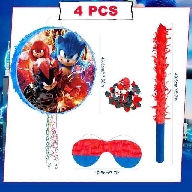 Alt view image 2 of 7 - 4Pcs Round Sonic Pinata Set - Sonic Themed Pinata, Sonic Party Pinata Sticks, Sonic Party Game Eye Mask etc Sonic Pinata Supplies for Sonic Birthday Party Decorations