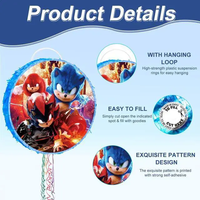 Alt view image 3 of 7 - 4Pcs Round Sonic Pinata Set - Sonic Themed Pinata, Sonic Party Pinata Sticks, Sonic Party Game Eye Mask etc Sonic Pinata Supplies for Sonic Birthday Party Decorations