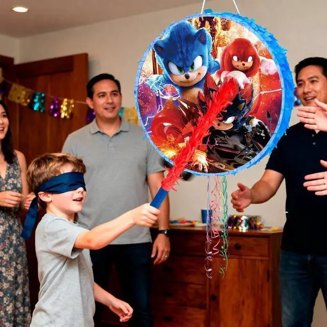 Alt view image 4 of 7 - 4Pcs Round Sonic Pinata Set - Sonic Themed Pinata, Sonic Party Pinata Sticks, Sonic Party Game Eye Mask etc Sonic Pinata Supplies for Sonic Birthday Party Decorations