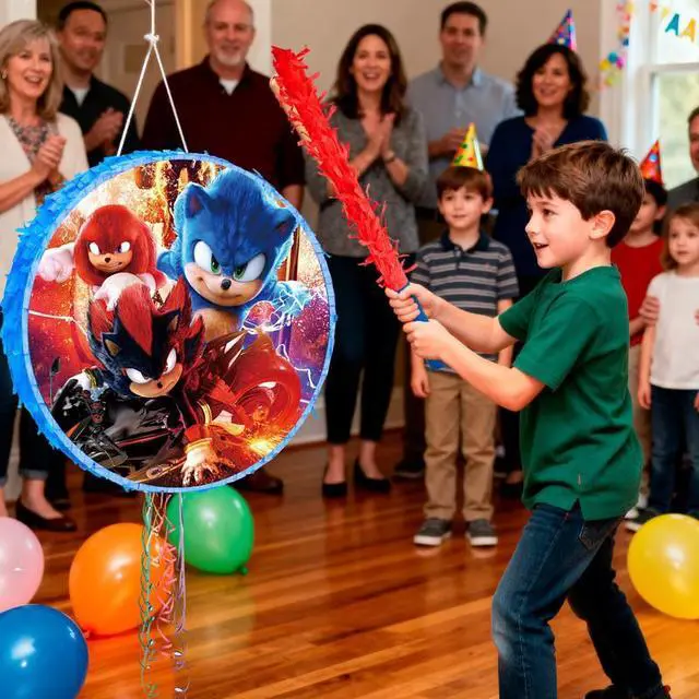 Alt view image 5 of 7 - 4Pcs Round Sonic Pinata Set - Sonic Themed Pinata, Sonic Party Pinata Sticks, Sonic Party Game Eye Mask etc Sonic Pinata Supplies for Sonic Birthday Party Decorations