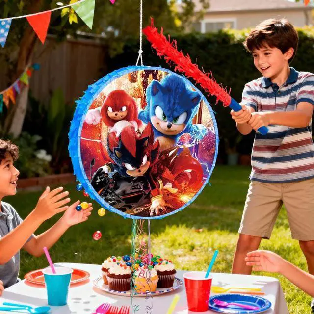 Alt view image 6 of 7 - 4Pcs Round Sonic Pinata Set - Sonic Themed Pinata, Sonic Party Pinata Sticks, Sonic Party Game Eye Mask etc Sonic Pinata Supplies for Sonic Birthday Party Decorations