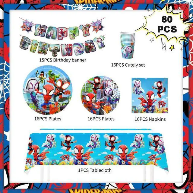 Alt view image 2 of 7 - 128 Pcs Little Spiderman & Friends Birthday Decorations Tableware Set - Little Spiderman & Friends Themed Party Plates Cups Napkins Tablecloth Banners etc. Birthday Party Decoration Supplies for Kids