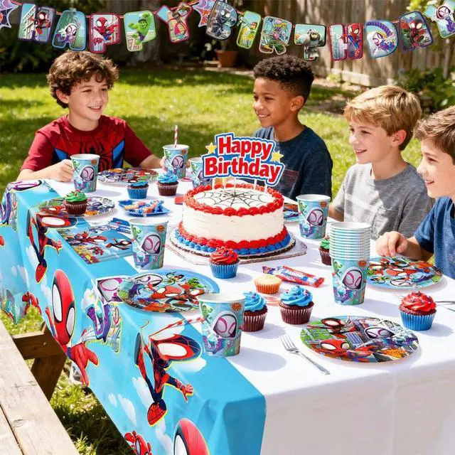 Alt view image 3 of 7 - 128 Pcs Little Spiderman & Friends Birthday Decorations Tableware Set - Little Spiderman & Friends Themed Party Plates Cups Napkins Tablecloth Banners etc. Birthday Party Decoration Supplies for Kids