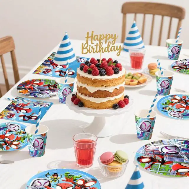 Alt view image 4 of 7 - 128 Pcs Little Spiderman & Friends Birthday Decorations Tableware Set - Little Spiderman & Friends Themed Party Plates Cups Napkins Tablecloth Banners etc. Birthday Party Decoration Supplies for Kids
