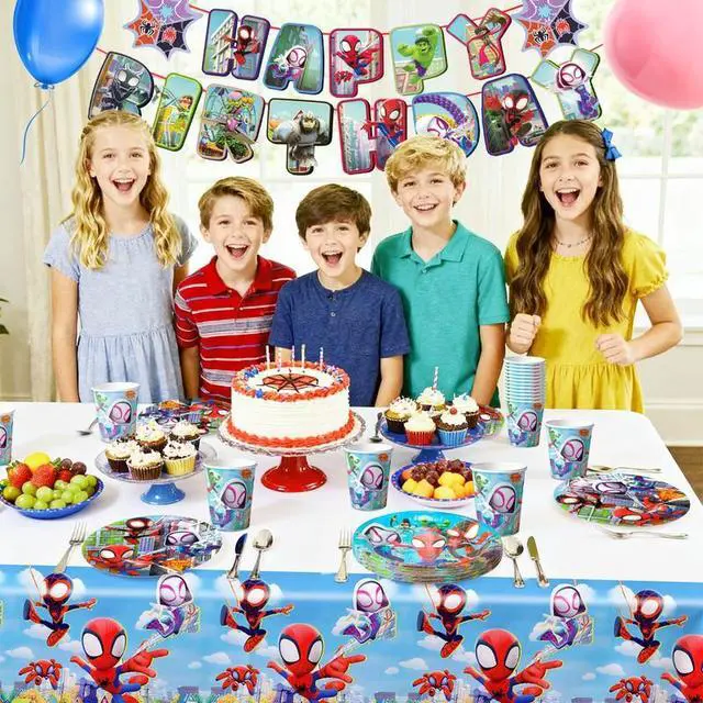 Alt view image 5 of 7 - 128 Pcs Little Spiderman & Friends Birthday Decorations Tableware Set - Little Spiderman & Friends Themed Party Plates Cups Napkins Tablecloth Banners etc. Birthday Party Decoration Supplies for Kids