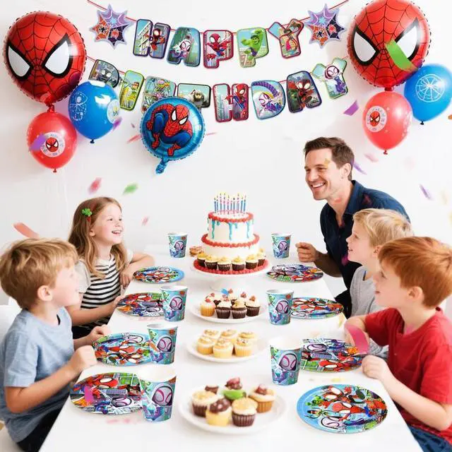 Alt view image 6 of 7 - 128 Pcs Little Spiderman & Friends Birthday Decorations Tableware Set - Little Spiderman & Friends Themed Party Plates Cups Napkins Tablecloth Banners etc. Birthday Party Decoration Supplies for Kids