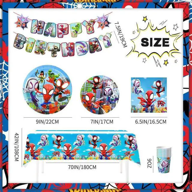 Alt view image 7 of 7 - 128 Pcs Little Spiderman & Friends Birthday Decorations Tableware Set - Little Spiderman & Friends Themed Party Plates Cups Napkins Tablecloth Banners etc. Birthday Party Decoration Supplies for Kids