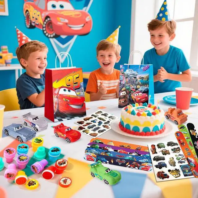Alt view image 3 of 7 - Lightning McQueen Party Favors, 110 Pcs All-In-One Cars Party Favors Pack Including Cars Theme Gift Bags Keychain Stickers Toys Seals etc Cars Birthday Party Supplies for Boys Kids