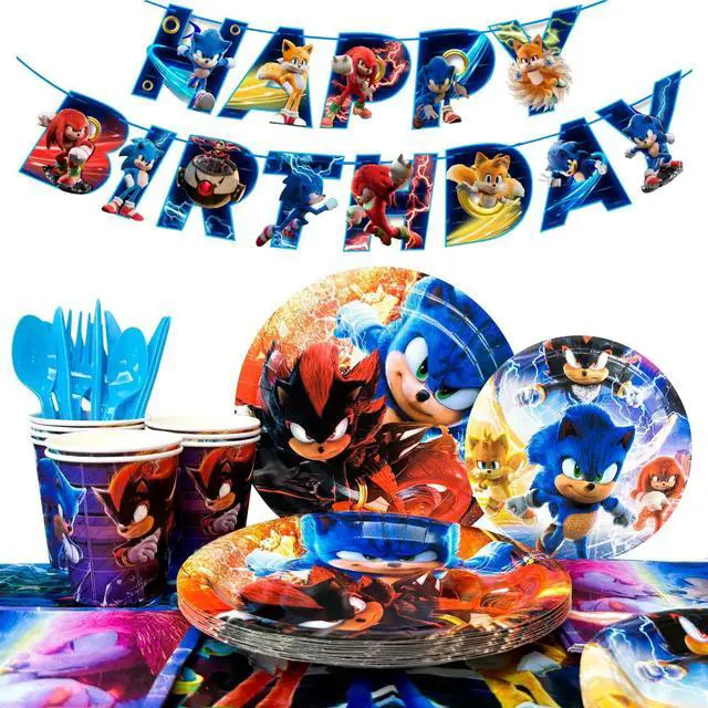 Main image of Sonic Birthday Party Decoration Tableware, 118 Pcs Sonic Party Supplies Tableware- Sonic Tablecloth Banner Plates Napkins Cups for Sonic Birthday Party Decorations