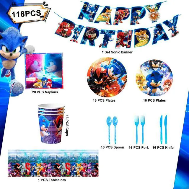 Alt view image 2 of 7 - Sonic Birthday Party Decoration Tableware, 118 Pcs Sonic Party Supplies Tableware- Sonic Tablecloth Banner Plates Napkins Cups for Sonic Birthday Party Decorations
