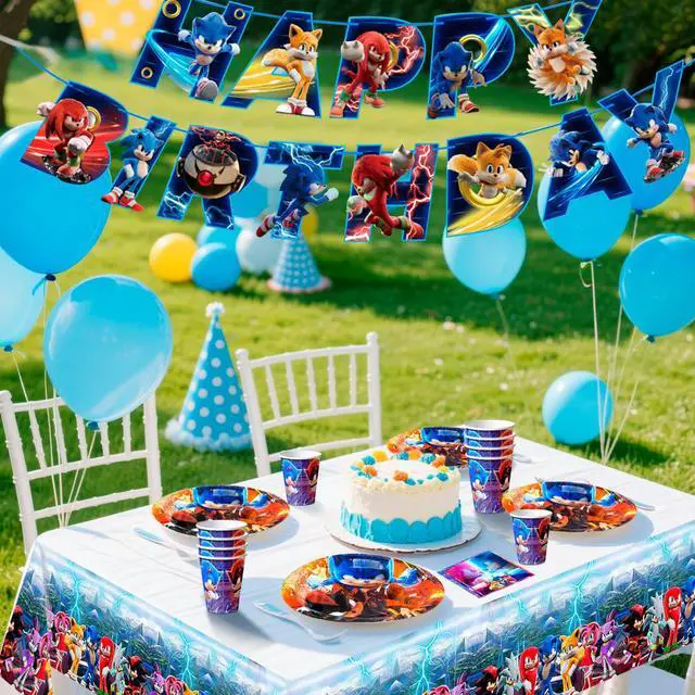 Alt view image 3 of 7 - Sonic Birthday Party Decoration Tableware, 118 Pcs Sonic Party Supplies Tableware- Sonic Tablecloth Banner Plates Napkins Cups for Sonic Birthday Party Decorations