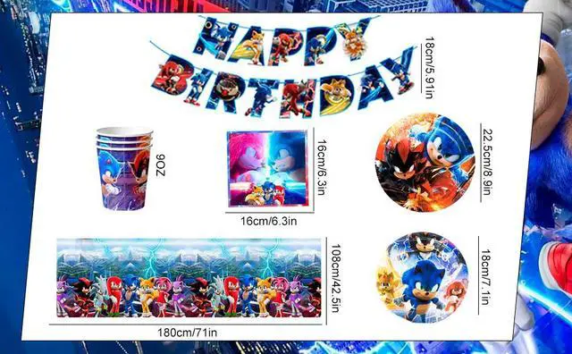 Alt view image 7 of 7 - Sonic Birthday Party Decoration Tableware, 118 Pcs Sonic Party Supplies Tableware- Sonic Tablecloth Banner Plates Napkins Cups for Sonic Birthday Party Decorations