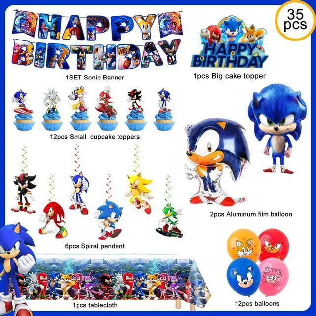Alt view image 2 of 7 - Sonic Birthday Party Supplies, 35 Pcs Sonic Party Decorations Set - Sonic Birthday Decorations Banners Tablecloth & Sonic Balloons Cake Toppers and Other Sonic Party Supplies for Boys/Girls
