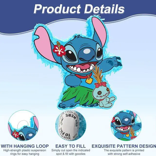 Alt view image 3 of 7 - 4 Pcs Stitch Pinatas Bundle - 14.6'' Stitch Theme Piñata, Stitch Party Pinata Stick & Stitch Party Games Blindfold etc Stitch Pinata Supplies for Stitch Birthday Party Decorations
