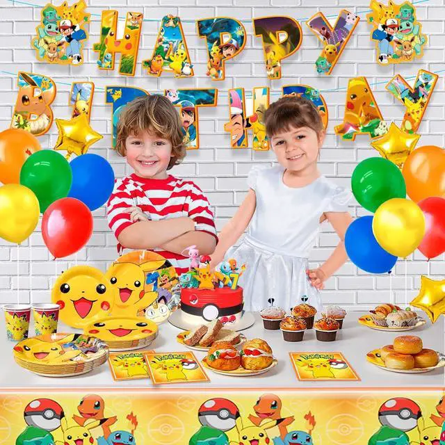 Alt view image 4 of 7 - Pokemon Theme Birthday Party Decoration Tableware, 114 Pcs Pokemon Party Supplies Tableware Set - Pokemon Table Cloth Banner Plates Napkins Cups for Pokemon Birthday Party Decorations