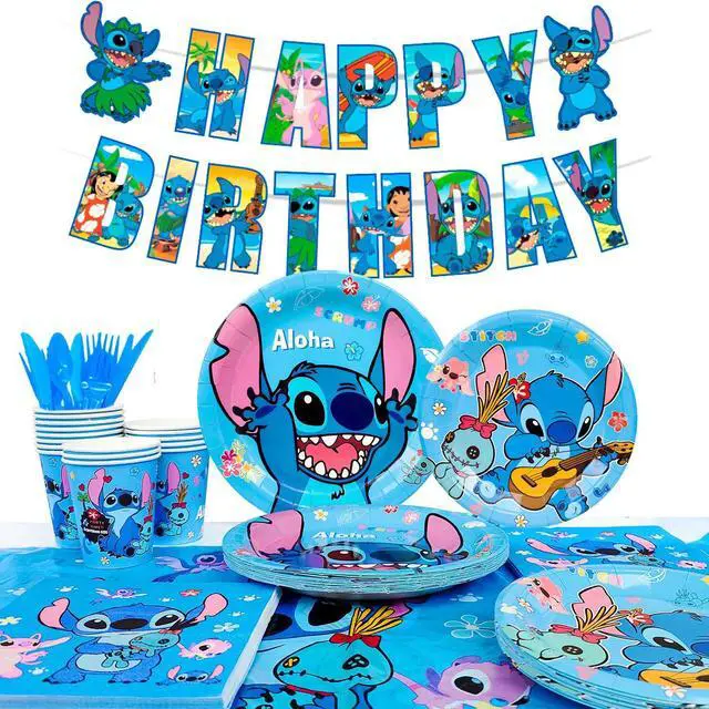 Main image of Stitch Birthday Party Decoration Tableware Set,114pcs Stitch Party Supplies Tableware - Stitch Tablecloth Banner Plates Napkins Cups etc Stitch Birthday Party Decoration for Boys/Girls Kids,Serves 16