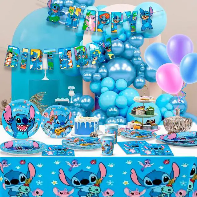 Alt view image 5 of 7 - Stitch Birthday Party Decoration Tableware Set,114pcs Stitch Party Supplies Tableware - Stitch Tablecloth Banner Plates Napkins Cups etc Stitch Birthday Party Decoration for Boys/Girls Kids,Serves 16