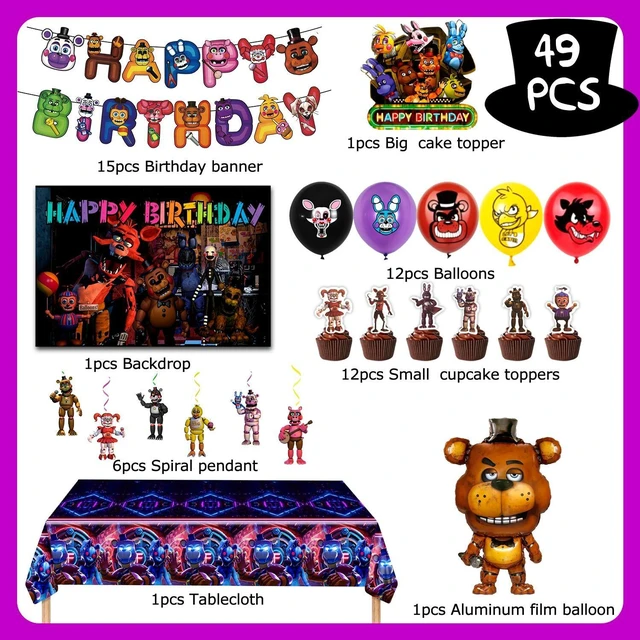 Alt view image 2 of 7 - Fnaf Birthday Party Supplies, 49 Pcs Five Nights at Freddy's Birthday Party Decorations Set - Fnaf Birthday Decorations Banner Backdrop Tablecloth Balloons Cake Topper etc Fnaf Birthday Decorations