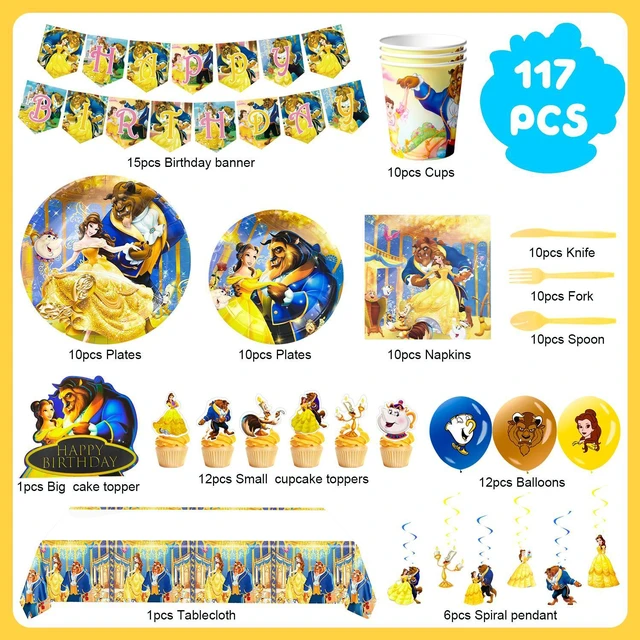 Alt view image 2 of 7 - 117 Pcs Beauty and the Beast Party Decorations and Tableware Kits - Beauty and the Beast Party Plates Cups Napkins Balloons etc Beauty and the Beast Birthday Party Supplies for boys/girls