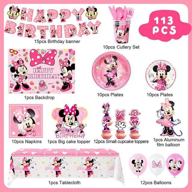 Alt view image 2 of 7 - Minnie Birthday Party Supplies, 113 Pcs Minnie Party Decorations&Tableware Set - Minnie Party Plates Banner Balloons etc Disney Minnie Party Supplies