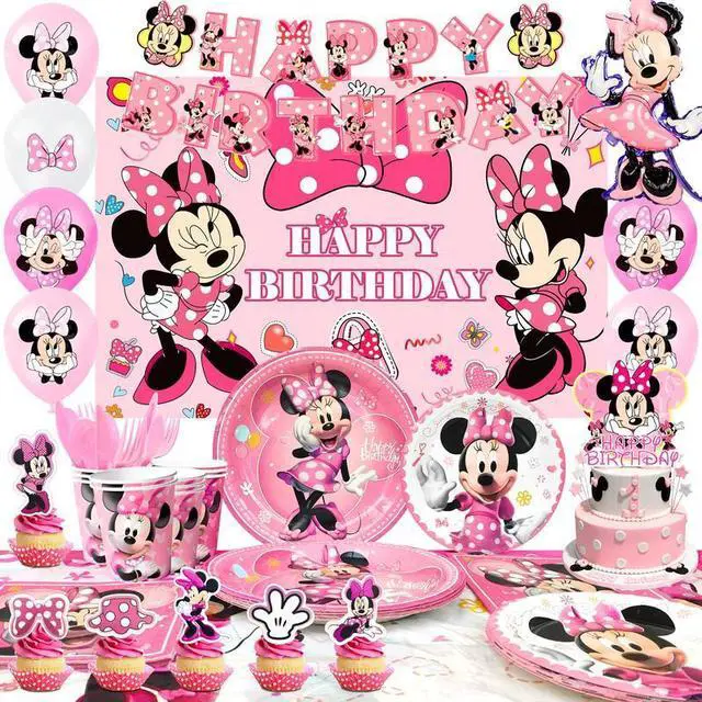 Main image of Minnie Birthday Party Supplies, 113 Pcs Minnie Party Decorations&Tableware Set - Minnie Party Plates Banner Balloons etc Disney Minnie Party Supplies