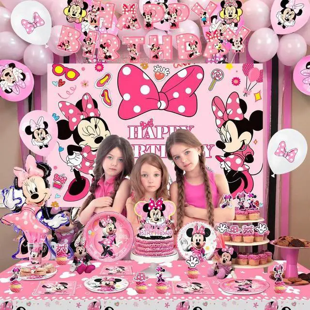 Alt view image 5 of 7 - Minnie Birthday Party Supplies, 113 Pcs Minnie Party Decorations&Tableware Set - Minnie Party Plates Banner Balloons etc Disney Minnie Party Supplies