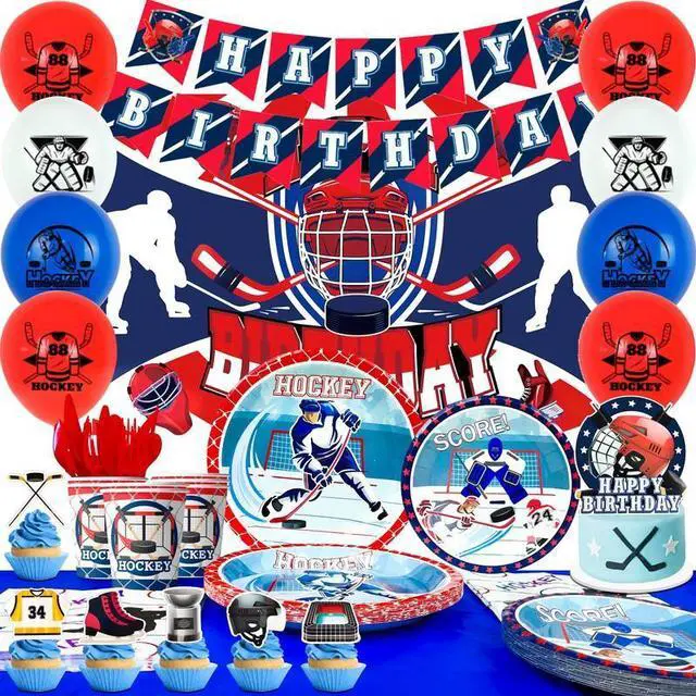 Main image of Hockey Birthday Decorations, 168 Pcs Hockey Party Decorations & Hockey Tableware Set - Hockey Party Balloons Banner Backdrop & Hockey Plates Napkins Tablecloth etc Ice Hockey Birthday Party Supplies