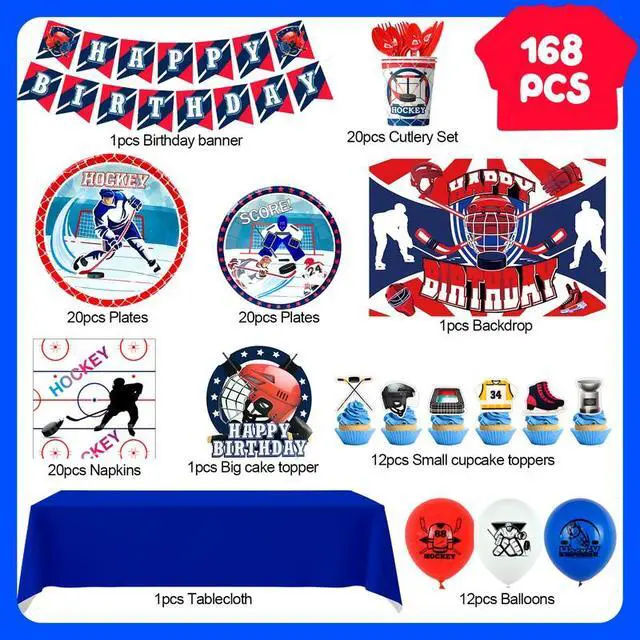 Alt view image 2 of 7 - Hockey Birthday Decorations, 168 Pcs Hockey Party Decorations & Hockey Tableware Set - Hockey Party Balloons Banner Backdrop & Hockey Plates Napkins Tablecloth etc Ice Hockey Birthday Party Supplies