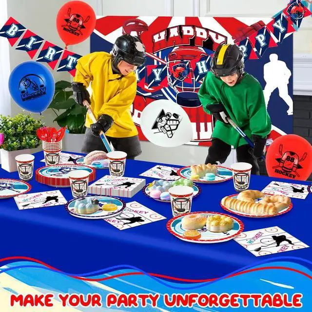 Alt view image 5 of 7 - Hockey Birthday Decorations, 168 Pcs Hockey Party Decorations & Hockey Tableware Set - Hockey Party Balloons Banner Backdrop & Hockey Plates Napkins Tablecloth etc Ice Hockey Birthday Party Supplies