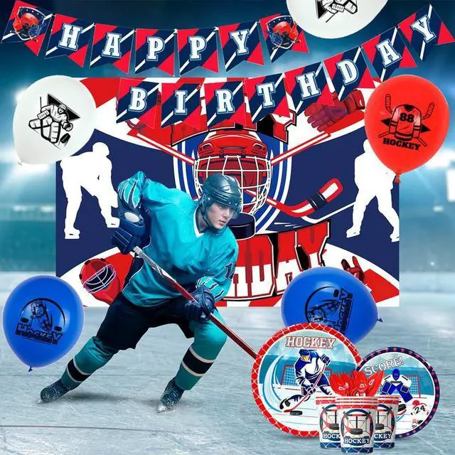 Alt view image 6 of 7 - Hockey Birthday Decorations, 168 Pcs Hockey Party Decorations & Hockey Tableware Set - Hockey Party Balloons Banner Backdrop & Hockey Plates Napkins Tablecloth etc Ice Hockey Birthday Party Supplies