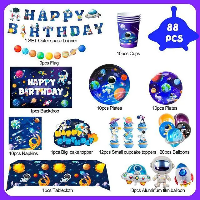 Alt view image 2 of 7 - Space Birthday Party Decorations,132pcs Space Birthday Decorations&Outer Space Birthday Tableware Set- Outer Space Birthday Party Plates Tablecloth Backdrop Balloon etc Space Themed Party Decorations