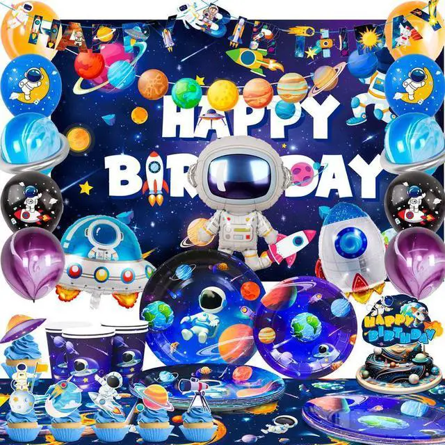 Main image of Space Birthday Party Decorations,132pcs Space Birthday Decorations&Outer Space Birthday Tableware Set- Outer Space Birthday Party Plates Tablecloth Backdrop Balloon etc Space Themed Party Decorations