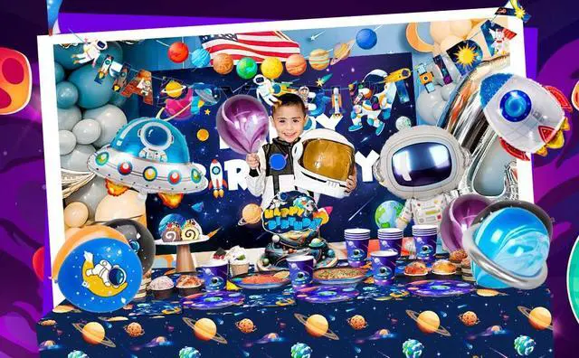 Alt view image 7 of 7 - Space Birthday Party Decorations,132pcs Space Birthday Decorations&Outer Space Birthday Tableware Set- Outer Space Birthday Party Plates Tablecloth Backdrop Balloon etc Space Themed Party Decorations