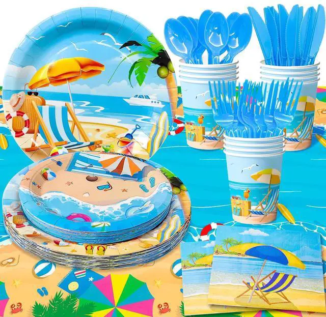 Main image of Beach Party Supplies,141pcs Beach Plates And Napkins Party Supplies Includ Beach Theme Paper Plates Cups Napkins&Summer Beach Table Cloth etc Summer Beach Party Tableware for Beach Themed Party Decor