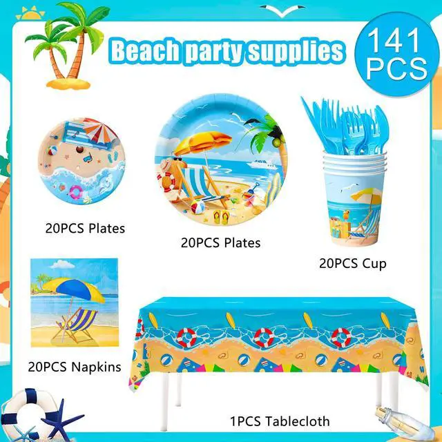 Alt view image 2 of 7 - Beach Party Supplies,141pcs Beach Plates And Napkins Party Supplies Includ Beach Theme Paper Plates Cups Napkins&Summer Beach Table Cloth etc Summer Beach Party Tableware for Beach Themed Party Decor